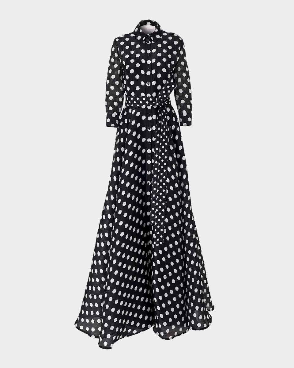 Polka-Dot Silk 3/4-Sleeve Trench Gown
